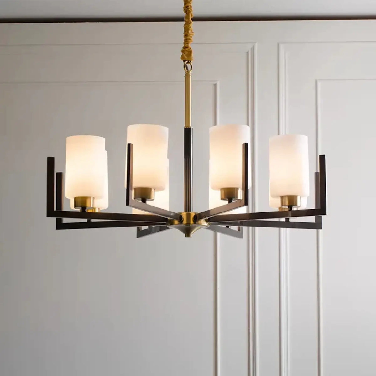 Lustre Suspendu Noir et Doré avec Abat-Jour en Verre