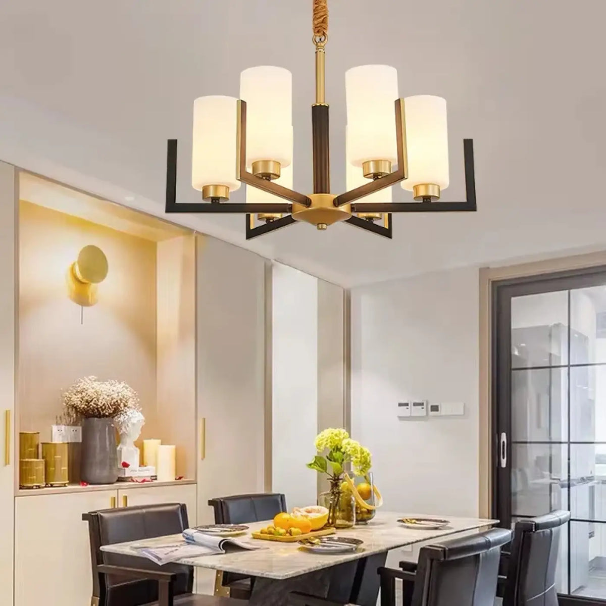 Lustre Suspendu Noir et Doré avec Abat-Jour en Verre