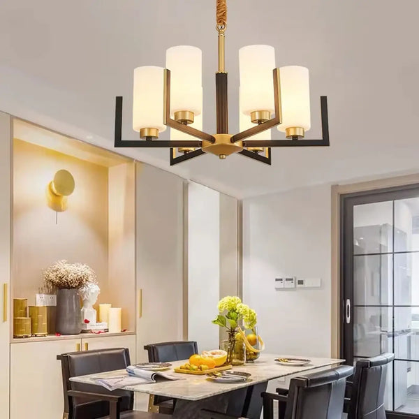 Lustre Suspendu Noir et Doré avec Abat-Jour en Verre