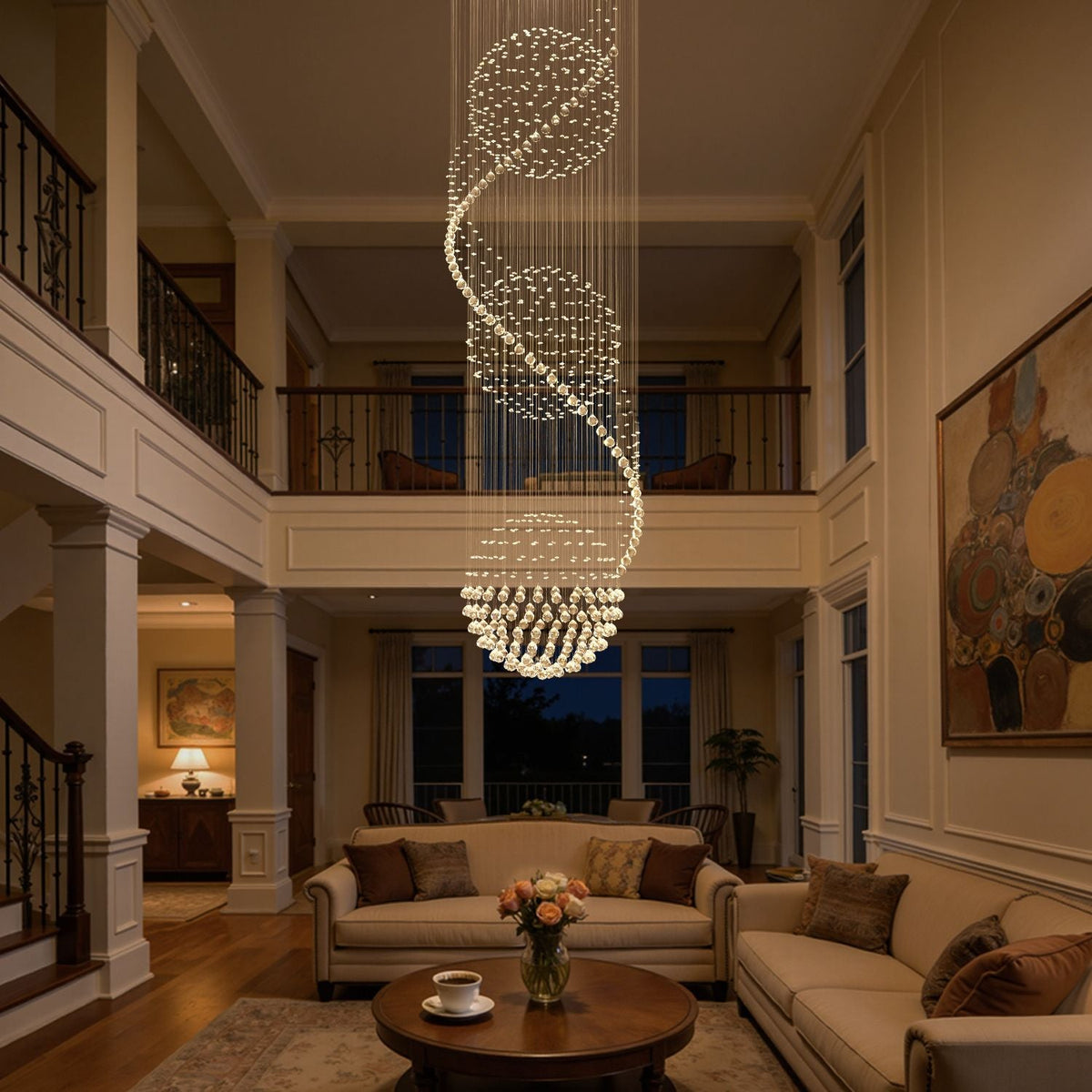 Lustre Spirale Cristal Triple Sphère pour Escalier et Entrée