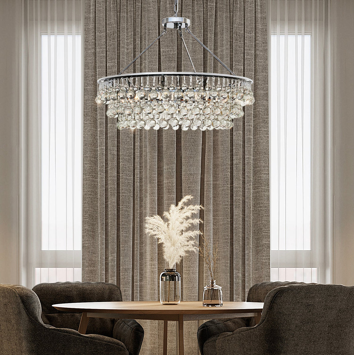 Lustre Rond Cristal Salle à Manger 6 Lumières allumé ambiance