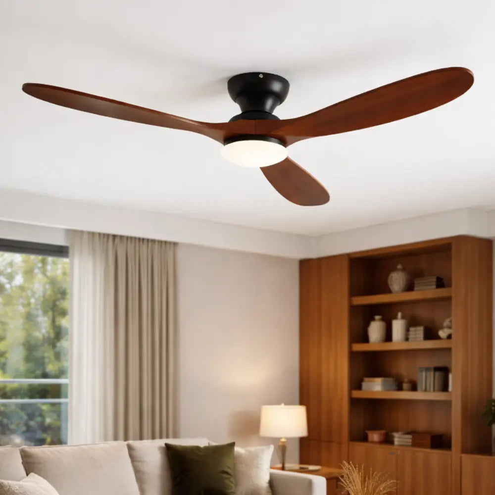 Plafonnier Ventilateur Silencieux Bois Massif Foncé LED vu de face