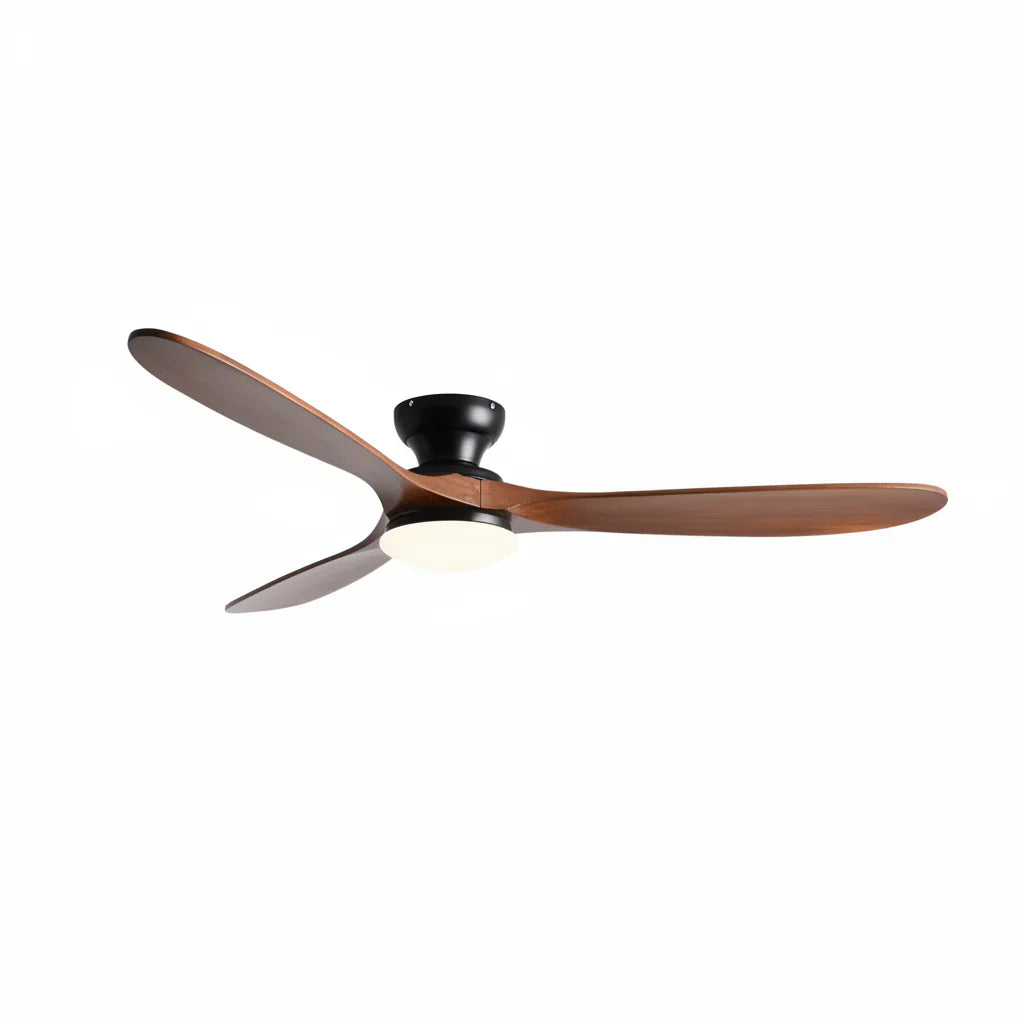 Plafonnier Ventilateur Silencieux Bois Massif Foncé LED installé dans un salon
