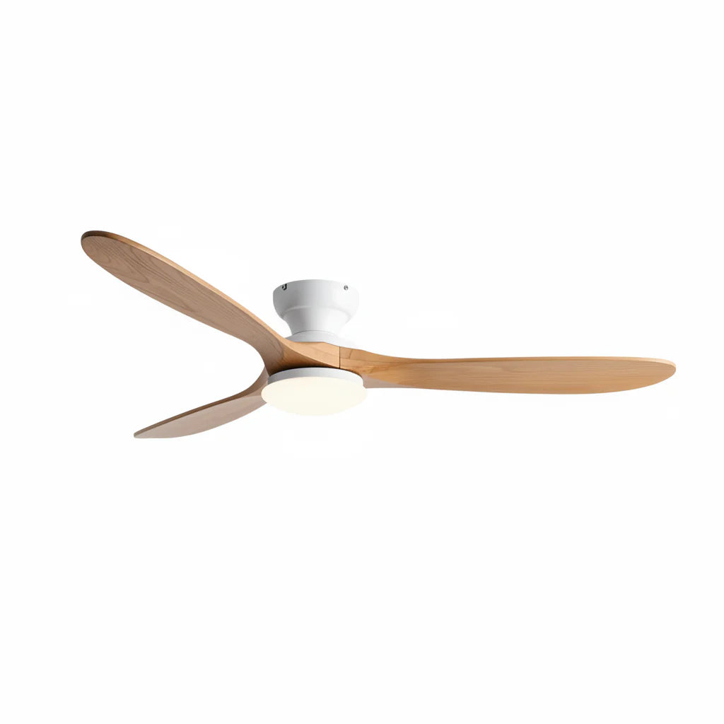 Plafonnier Ventilateur Silencieux Bois Naturel Moderne LED installé dans un salon