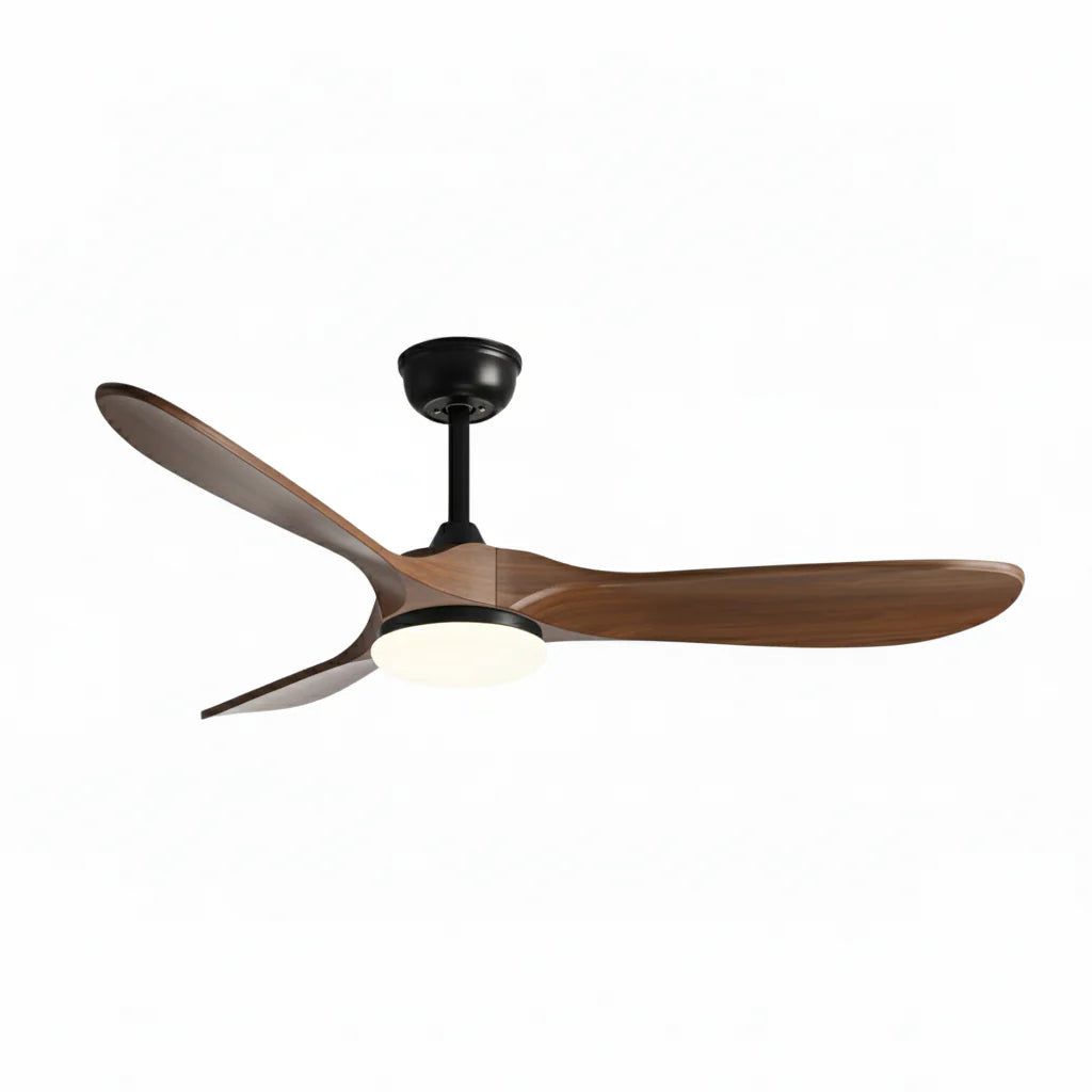 Plafonnier Ventilateur Silencieux Bois Foncé et Noir LED installé dans un salon