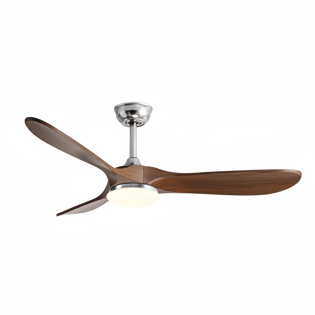 Plafonnier Ventilateur Silencieux Bois Foncé LED installé dans un salon