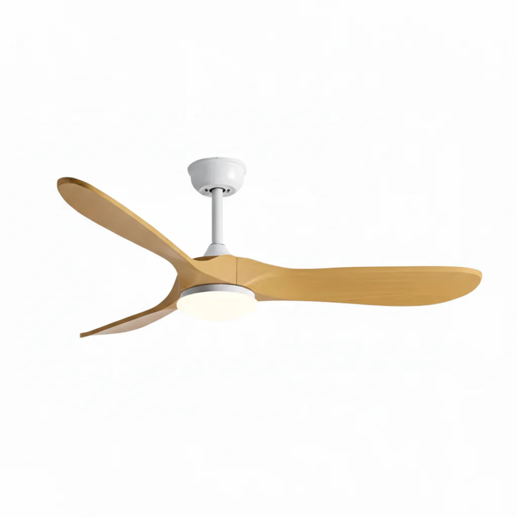 Plafonnier Ventilateur Silencieux Bois Naturel Vintage LED installé dans un salon