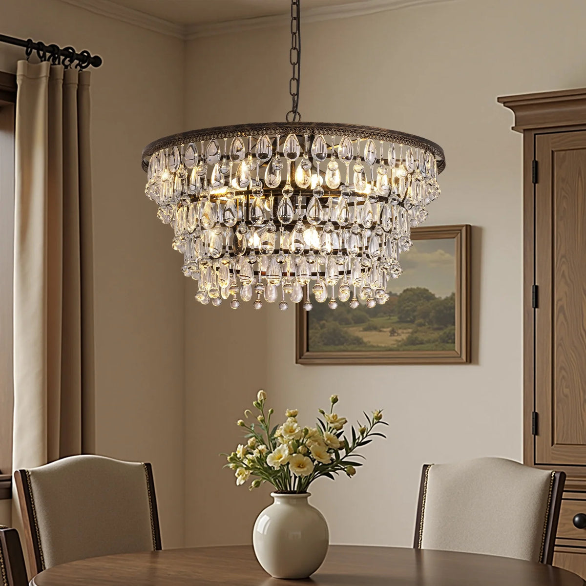Lustre Rond Cristal Gouttes Vintage